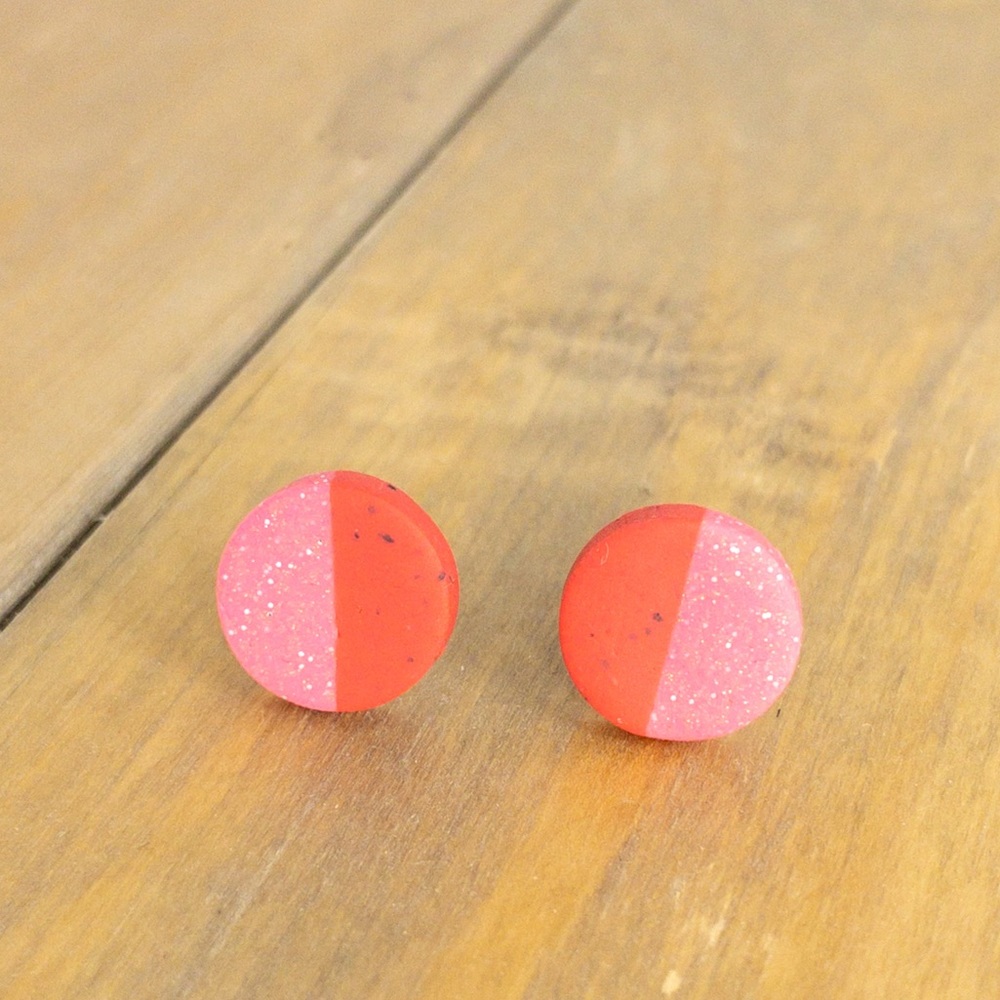 Half Red Half Glitter Pink Circles Titanium Posts